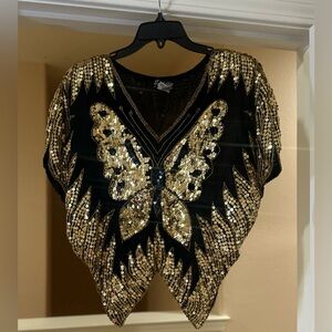 Vintage Women’s Exclusive Silk Rayon Sequin Gold Black Butterfly Top‎ Blouse